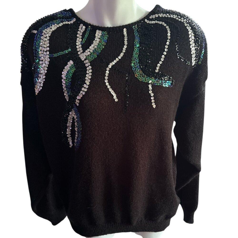 Hollywood & Vine Black Sweater with Sequins and Shoulder Pads Sz M Vintage Look